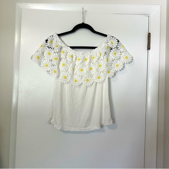 Boston Proper Daisy Lace Off The Shoulder Knit Top Yellow White Womens Small - Picture 3 of 7